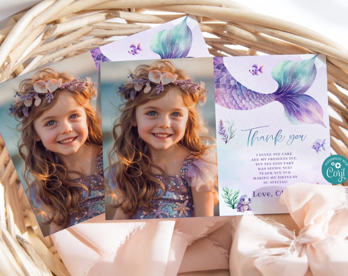 Mermaid tail thank you card with photo. Editable under the sea birthday thank you card. Purple teal little mermaid thank you card #mer1