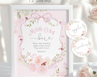 Whimsical Pink Bow Wildflower Mom-osa bar sign and juice tags Corjl editable template #wl8