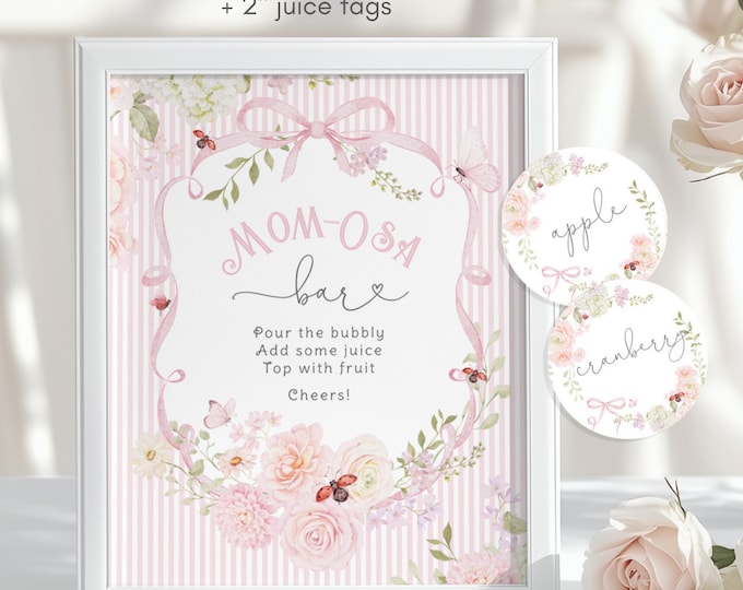 Whimsical Pink Bow Wildflower Mom-osa bar sign and juice tags Corjl editable template #wl8
