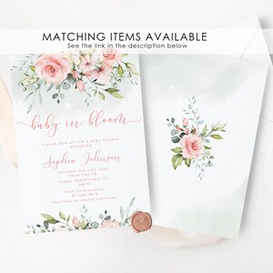 May include: A baby shower invitation with a watercolor floral design in shades of pink and green. The invitation reads "baby in bloom" and includes the name "Sophia Johnson" and the date and time of the shower.