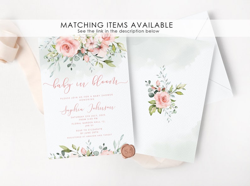 May include: A baby shower invitation with a watercolor floral design in shades of pink and green. The invitation reads "baby in bloom" and includes the name "Sophia Johnson" and the date and time of the shower.