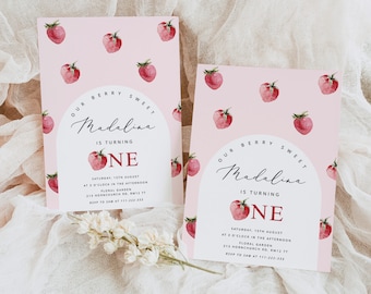 Berry first birthday invitation. Strawberry first birthday invitation. Corjl editable template #ber1
