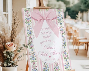Love Shack Baby Shower Welcome sign template,  Coquette Bow Editable Corjl #fo1