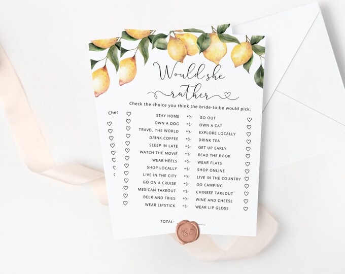 Lemon Would She Rather Bridal Shower Game, citrus Bridal Shower Games. Lemon Bachelorette Party Games, Hen Party Games #lm1