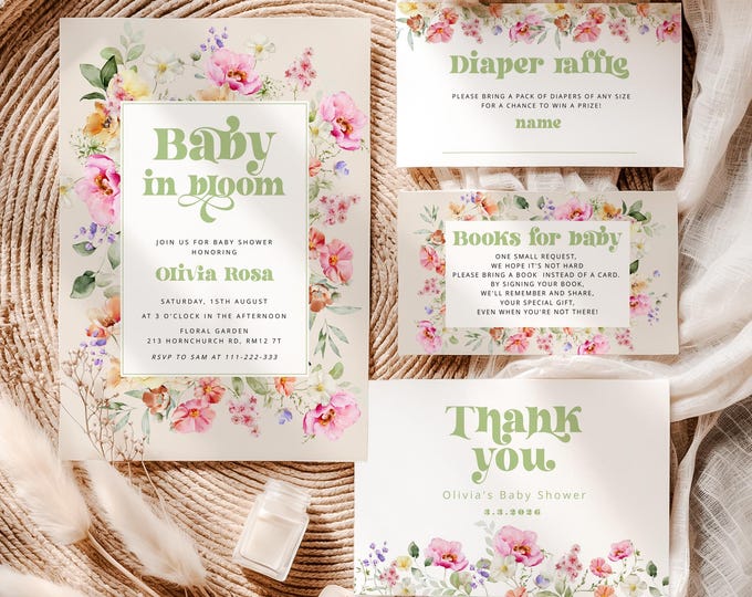 Wildlower Baby in Bloom Baby Shower Bundle | Vibrant pink watercolor Corjl templates #wl2