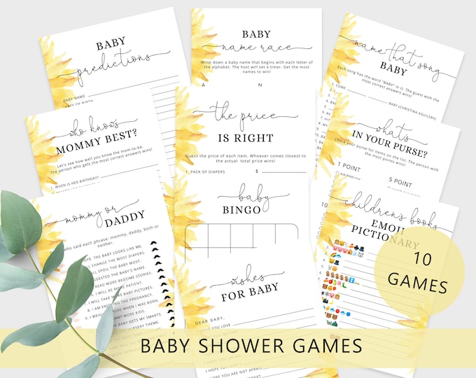 Sunflower baby shower games bundle. Gender neutral baby shower games. Minimalist Baby Shower Games Instant download #sun1