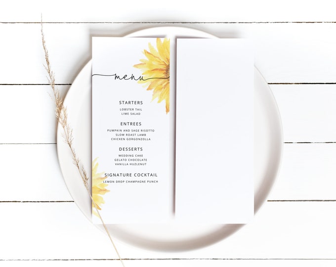 Sunflower menu card template, Sunflower bridal shower   Corjl template #sun1