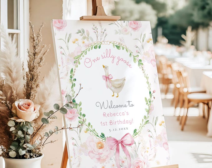 One Silly Goose Pink Bow Welcome sign template, Girl 1st Birthday One Silly Goose Welcome sign, Goose Bow frame Welcome sign Corjl  #sg2