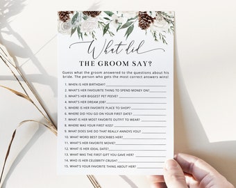 What did the groom say game. Elegant winter evergreen What did he say Bridal Shower Game.  Instant Download #ev1