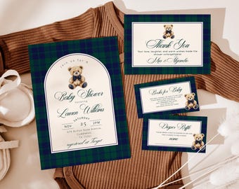 Vintage Teddy Bear Baby Shower Invitation Bundle: Classic Plaid (Corjl Editable Template) #pbe1