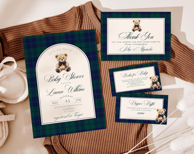 Vintage Teddy Bear Baby Shower Invitation Bundle: Classic Plaid (Corjl Editable Template) #pbe1