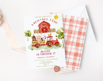 Farm 1st Birthday Invitation. Editable Farm Animals Barnyard Birthday Invitation. Red tractor first birthday invite. Corjl #f1