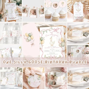 One Silly Goose 1st Birthday bundle. Pink Girl Silly Goose Whimsical Birthday bundle Corjl template #sg3