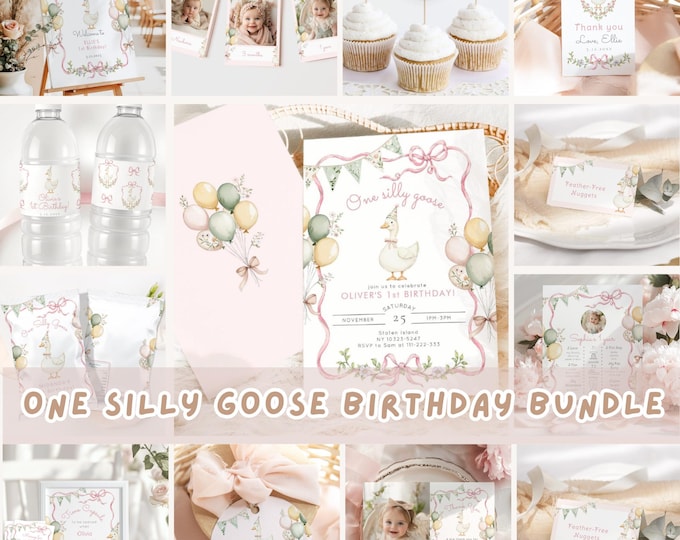 One Silly Goose 1st Birthday bundle. Pink Girl Silly Goose Whimsical Birthday bundle Corjl template #sg3