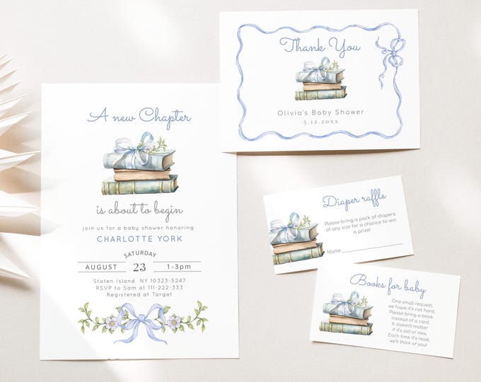 New Chapter Blue bow Baby Shower Invitation bundle. Storybook Elegant Bow Baby Boy Shower bundle. Vintage Blue Bow baby shower bundle #bl2