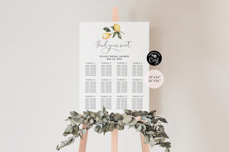 May include: A white printable seating chart with a lemon illustration and the text "Find your seat" and "Olivia's Bridal Shower" with the date "May 23, 20XX". The chart is divided into 12 tables with names listed under each table number. The chart is available in two sizes: 18" x 24" and 24" x 36".