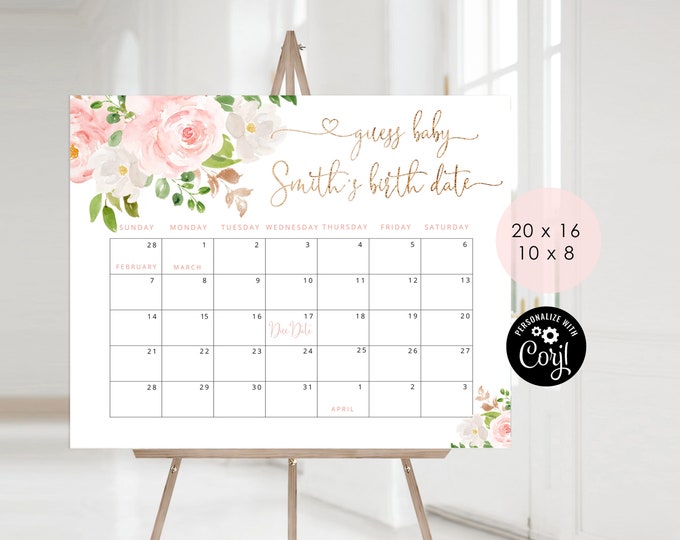 Floral Guess the due Date calendar. Blush gold Guess The Baby Birthday Game. Greenery Baby Shower Due Date Prediction #fl1