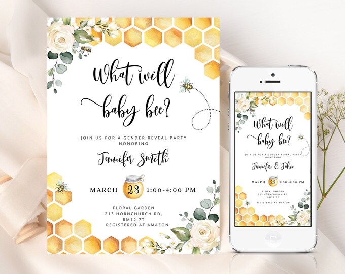 What will baby bee electronic gender reveal  Invitation. Bee gender reveal invitation. Bee e-vite gender reveal #bee