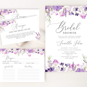 Modèle d’invitation à la douche nuptiale Lilas et carte de recette. Invitation à la douche nuptiale lavande florale, carte de recette de douche nuptiale #09
