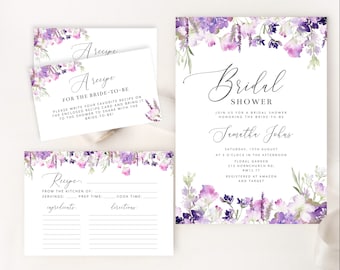 Lilac Bridal shower invitation template and recipe card. Floral purple Lavender Bridal Shower invitation, Bridal Shower recipe card #09