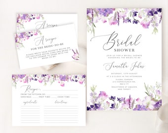 Lilac Bridal shower invitation template and recipe card. Floral purple Lavender Bridal Shower invitation, Bridal Shower recipe card #09