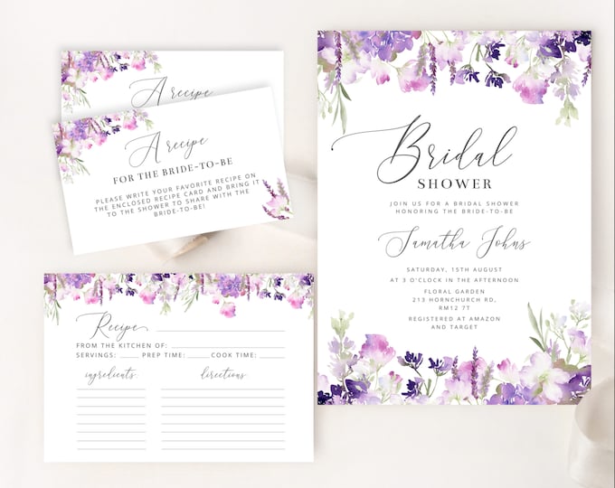 Lilac Bridal shower invitation template and recipe card. Floral purple Lavender Bridal Shower invitation, Bridal Shower recipe card #09
