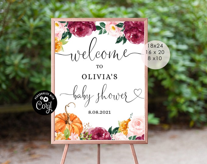 Fall baby shower welcome sign.  Editable Little pumpkin Baby shower template. Corjl Printable. Instant Download. #p2