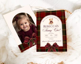Winter Bear 1st Birthday invitation, Christmas Plaid Winter Photo Editable Corjl Template #rb1
