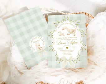 Editable Gender Neutral Silly Goose Baby Shower Invitation: Sage Green Gingham (Corjl Editable template) #sg6