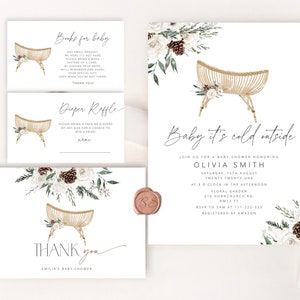Bébé son froid à l’extérieur Baby Shower Invitation bundle. Forfait d’invitation à la baby shower de la crèche Evergreen. Baby shower d’hiver non sexiste #wn
