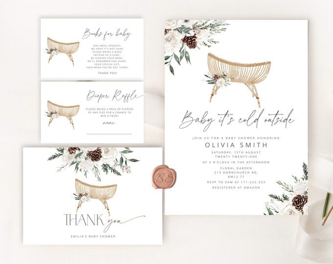 Baby its cold outside Baby Shower Invitation bundle. Evergreen nursery baby shower invitation bundle. Winter gender neutral baby shower #wn