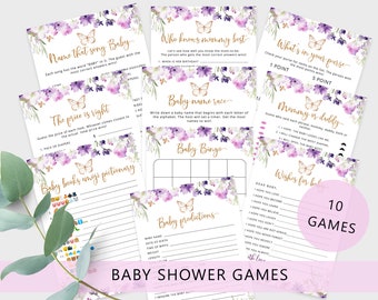 Purple Butterfly baby shower games bundle. Purple baby shower games. Butterfly kisses and baby wishes shower #06