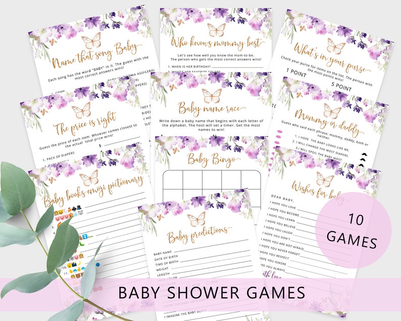 Purple Butterfly Baby Shower Games Bundle. Purple Baby Shower Etsy