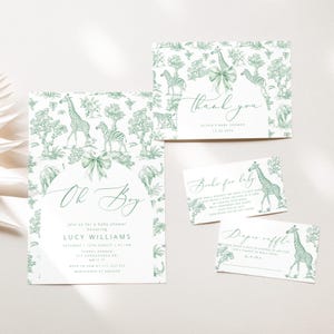 Pacote de convite para chá de bebê Safari verde sábio Toile. Pacote de chá de bebê Sage Toile de Jouy Safari. Animais da selva verde Toile #toi2