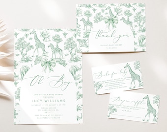 Sage Green Toile Safari Baby Shower Invitation Bundle (Corjl Editable templates) #toi2