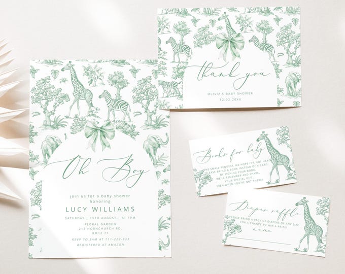 Toile sage green Safari baby shower invitation bundle. Sage Toile de Jouy Safari Baby shower bundle. Green Toile Jungle animals #toi2