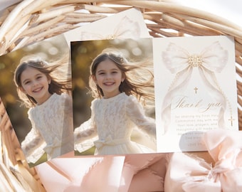 Pearl Bow First Holy Communion Thank You Card: Gold Beige Baptism (Corjl Template) #bp2