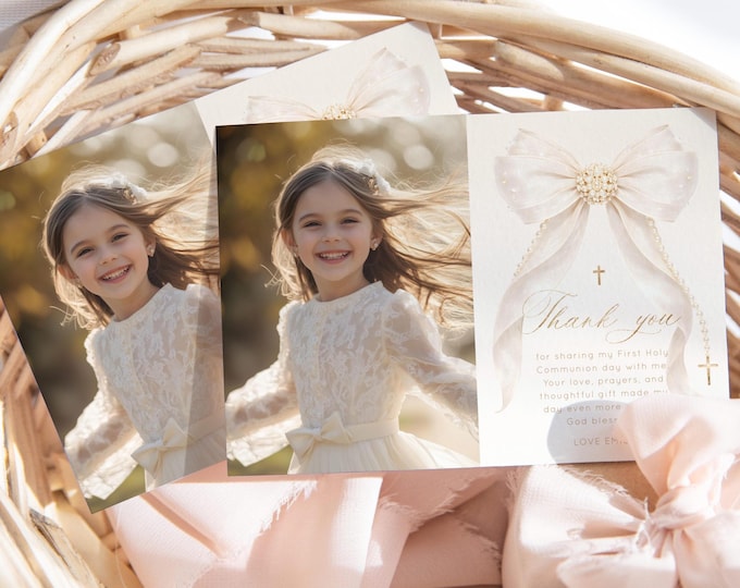 Pearl Bow First Holy Communion Thank You Card:  Gold Beige Baptism (Corjl Editable Template) #bp2