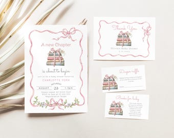 Pink Bow Baby Shower Invitation Bundle: Storybook Theme (EDITABLE in Corjl) #bl2