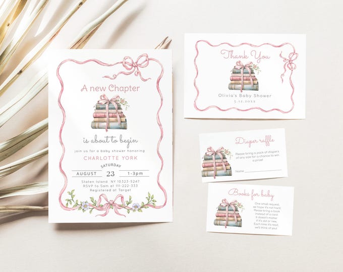 New Chapter Pink bow Baby Shower Invitation bundle. Storybook Elegant Bow Baby girl Shower bundle. Pink Bow baby shower bundle #bl1