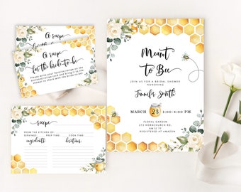Meant to bee bridal shower invitation template and recipe card. Watercolor Bride to bee  invitation. Bee recipe card template #bee3