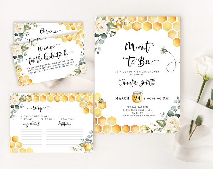 Meant to bee bridal shower invitation template and recipe card. Watercolor Bride to bee  invitation. Bee recipe card template #bee3