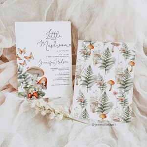 May include: A baby shower invitation with a watercolor illustration of mushrooms, butterflies, and ferns. The invitation reads "Little Mushroom is on the way. Join us for a baby shower honoring Jennifer Hudson. Saturday, 15th August, 3 o'clock in the afternoon. Floral Garden, 213 Hornchurch Rd, RM12 7T. Registered at Amazon."