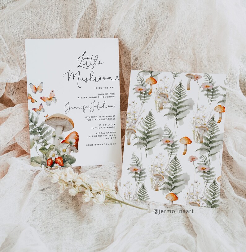 May include: A baby shower invitation with a watercolor illustration of mushrooms, butterflies, and ferns. The invitation reads "Little Mushroom is on the way. Join us for a baby shower honoring Jennifer Hudson. Saturday, 15th August, 3 o'clock in the afternoon. Floral Garden, 213 Hornchurch Rd, RM12 7T. Registered at Amazon."