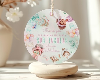 Spa party round favor tag template | Pamper party Thank you sticker Corjl #sp3