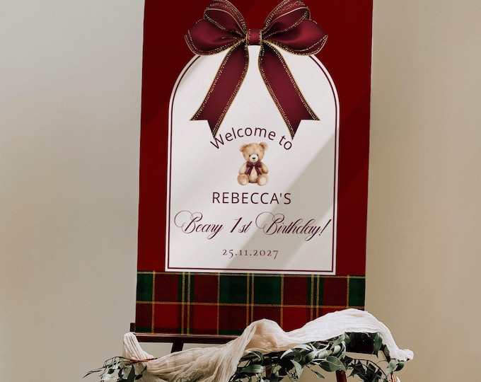 Christmas 1st Birthday Welcome sign template: Red Bow Teddy bear plaid Corjl #rb1