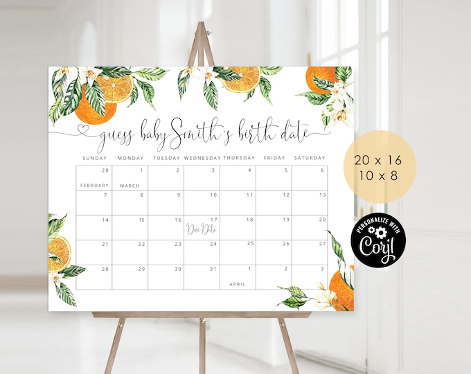 Orange Guess the due Date calendar. Little cutie Guess The Baby Birthday Game. Orange citrus Baby Shower Instant download #or1
