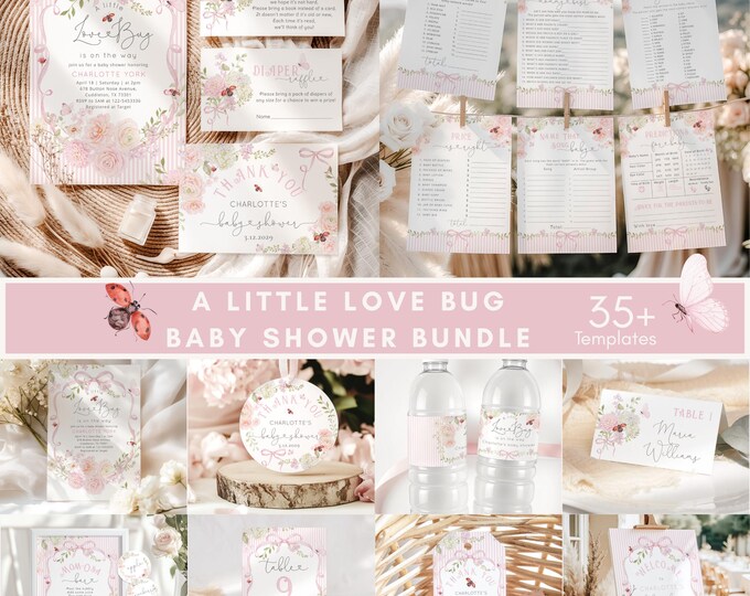 Little Love Bug Baby Shower Bundle | Ladybird Wildflower Pink Bow (Corjl Editable template) #wl8