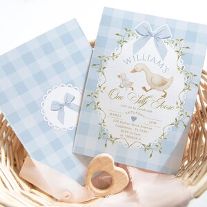 May include: Two baby shower invitations with a light blue gingham pattern. One invitation features a bow and the text "WILLIAM'S One Silly Goose". A wooden heart-shaped teether and a pink ribbon are in a wicker basket.
