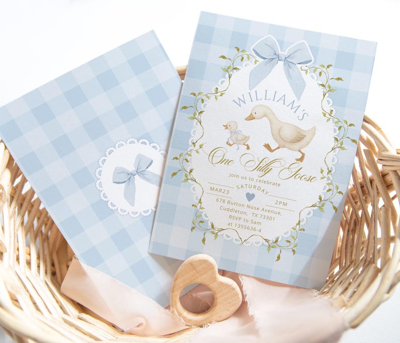 May include: Two baby shower invitations with a light blue gingham pattern. One invitation features a bow and the text "WILLIAM'S One Silly Goose". A wooden heart-shaped teether and a pink ribbon are in a wicker basket.